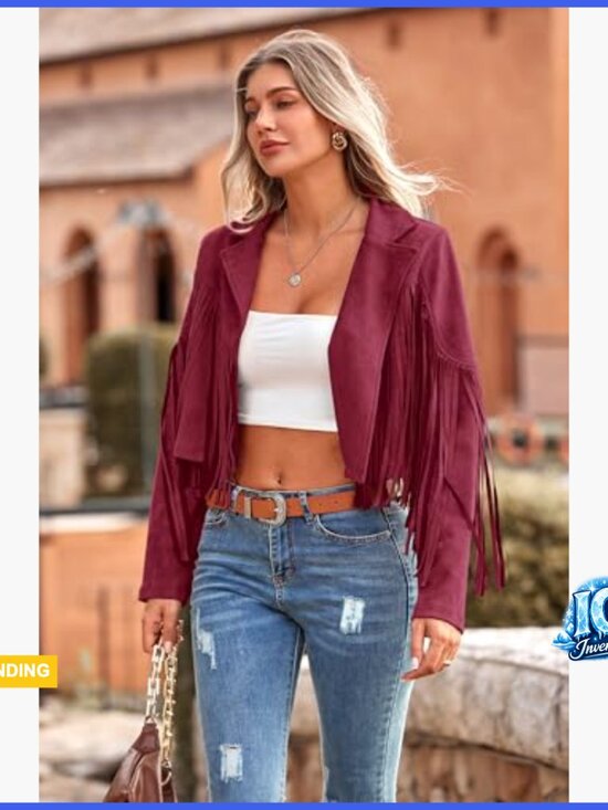 Faux Suede Fringe Motorcycle Cropped Jacket with Tassel Design - Picture 5 of 7